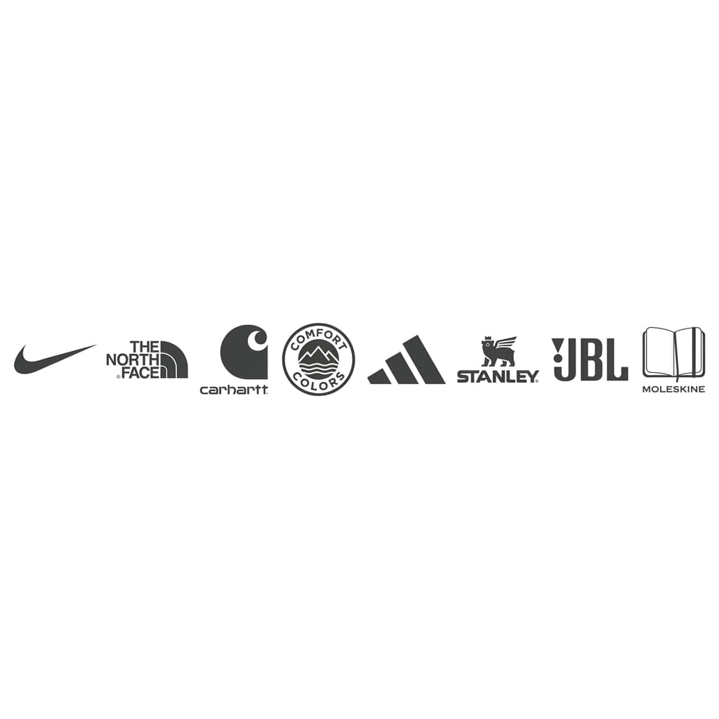 Featured brand logos: Nike, The North Face, Carhartt, Comfort Colors, Adidas, Stanley, JBL, and Moleskine