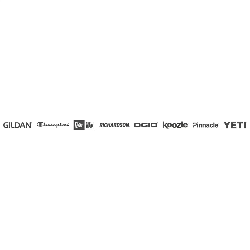 Featured brand logos: Gildan, Champion, New Era, Richardson, OGIO, Koozie, Pinnacle, and YETI